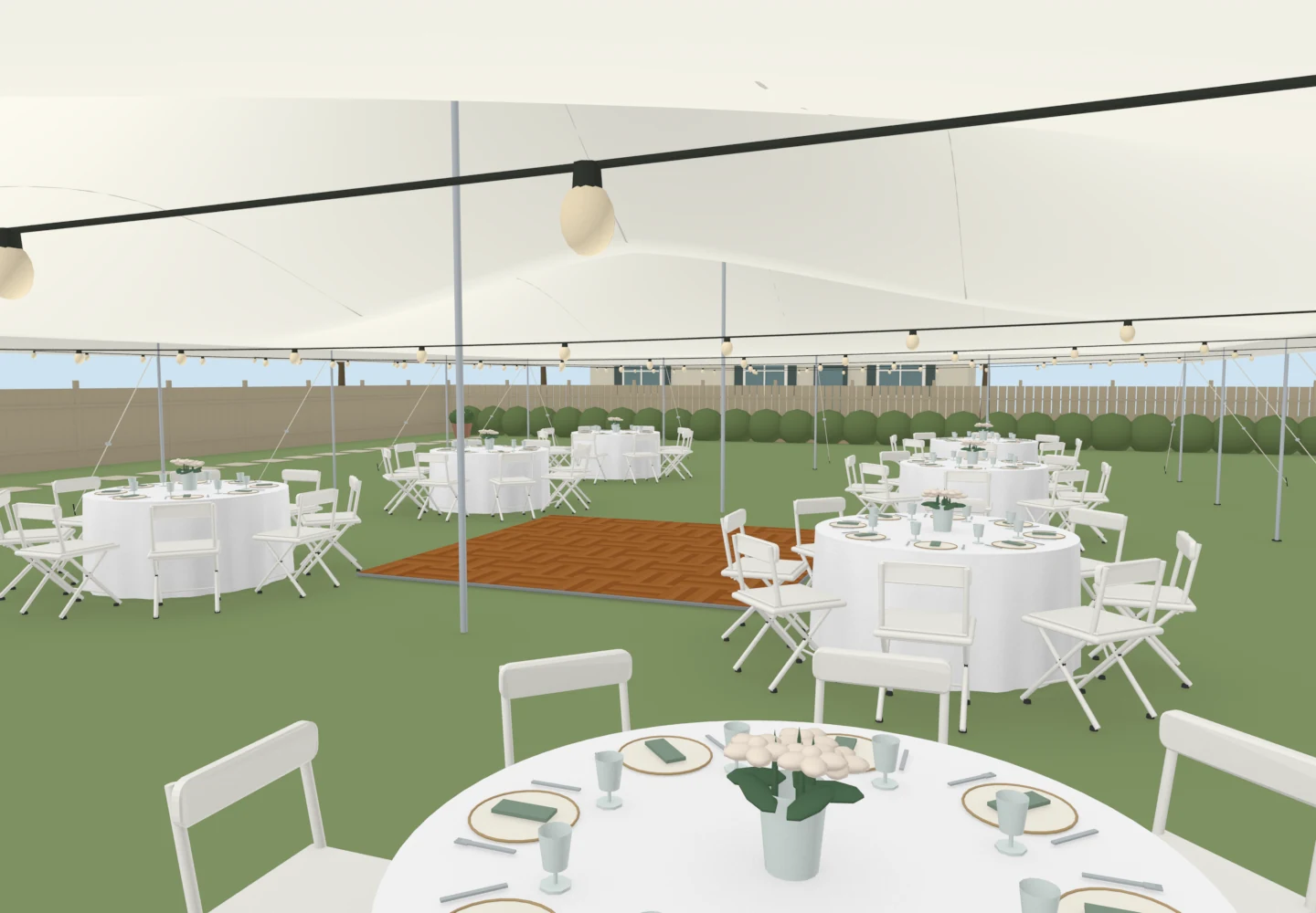 3D model preview of a furnished white 40 by 60 foot pole tent with round tables, white chairs and a dance floor